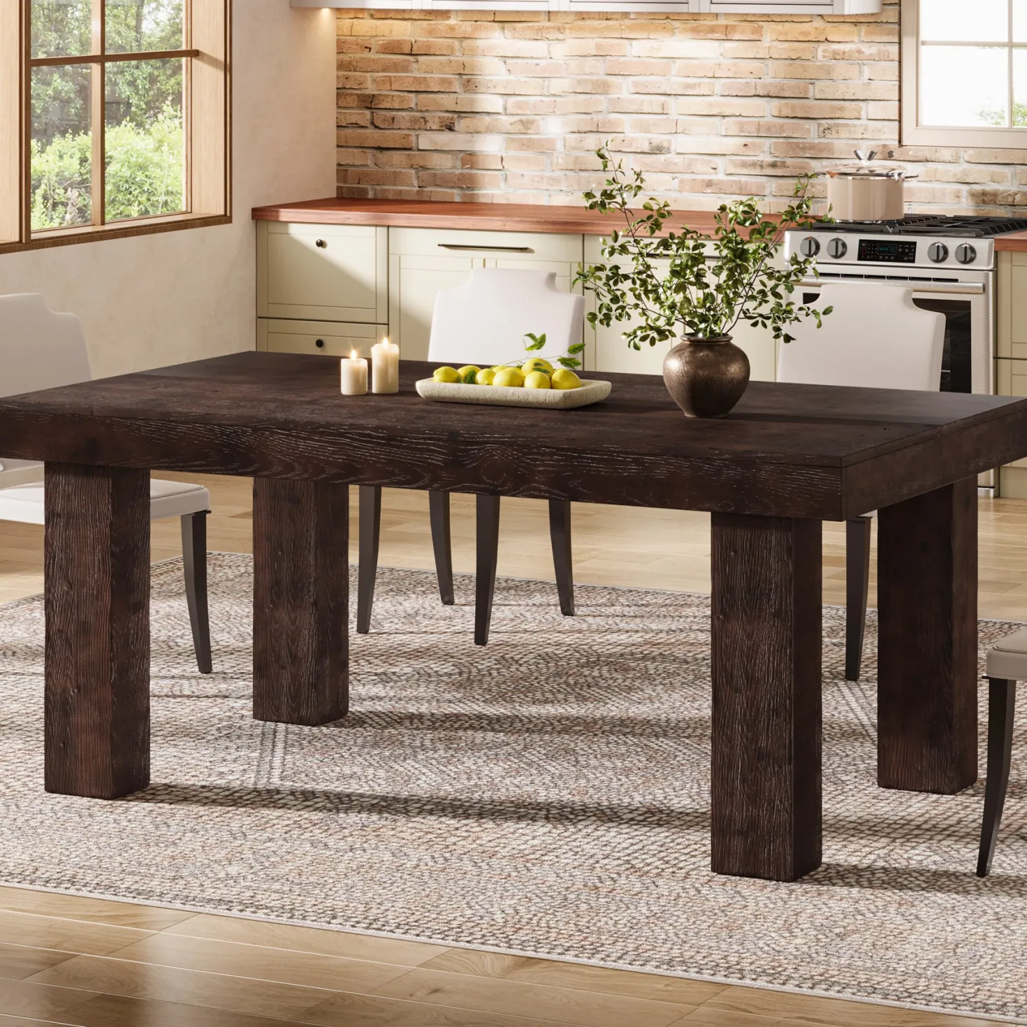 63" Solid Wood Dining Table, Farmhouse Kitchen Table with Heavy Duty Legs for 4-6