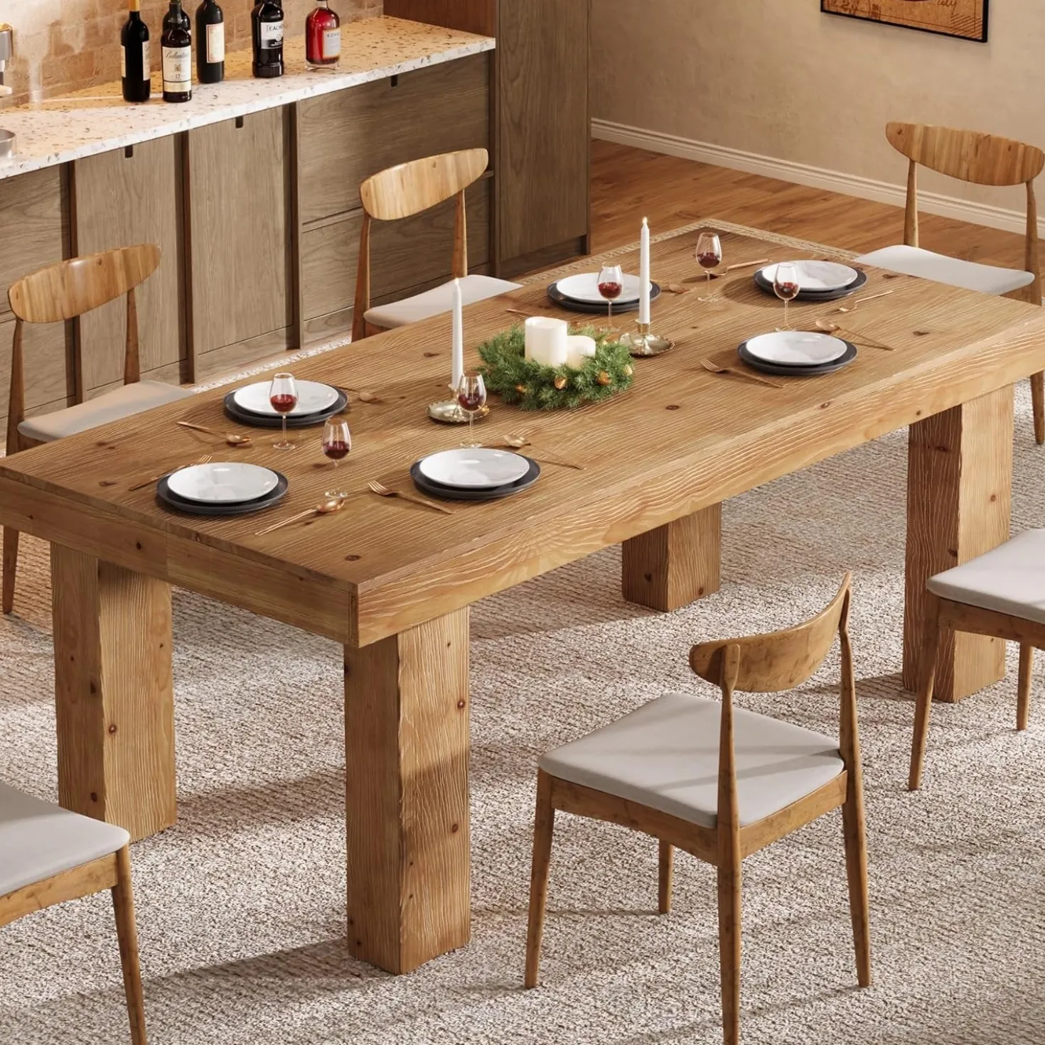 63" Solid Wood Dining Table, Farmhouse Kitchen Table with Heavy Duty Legs for 4-6