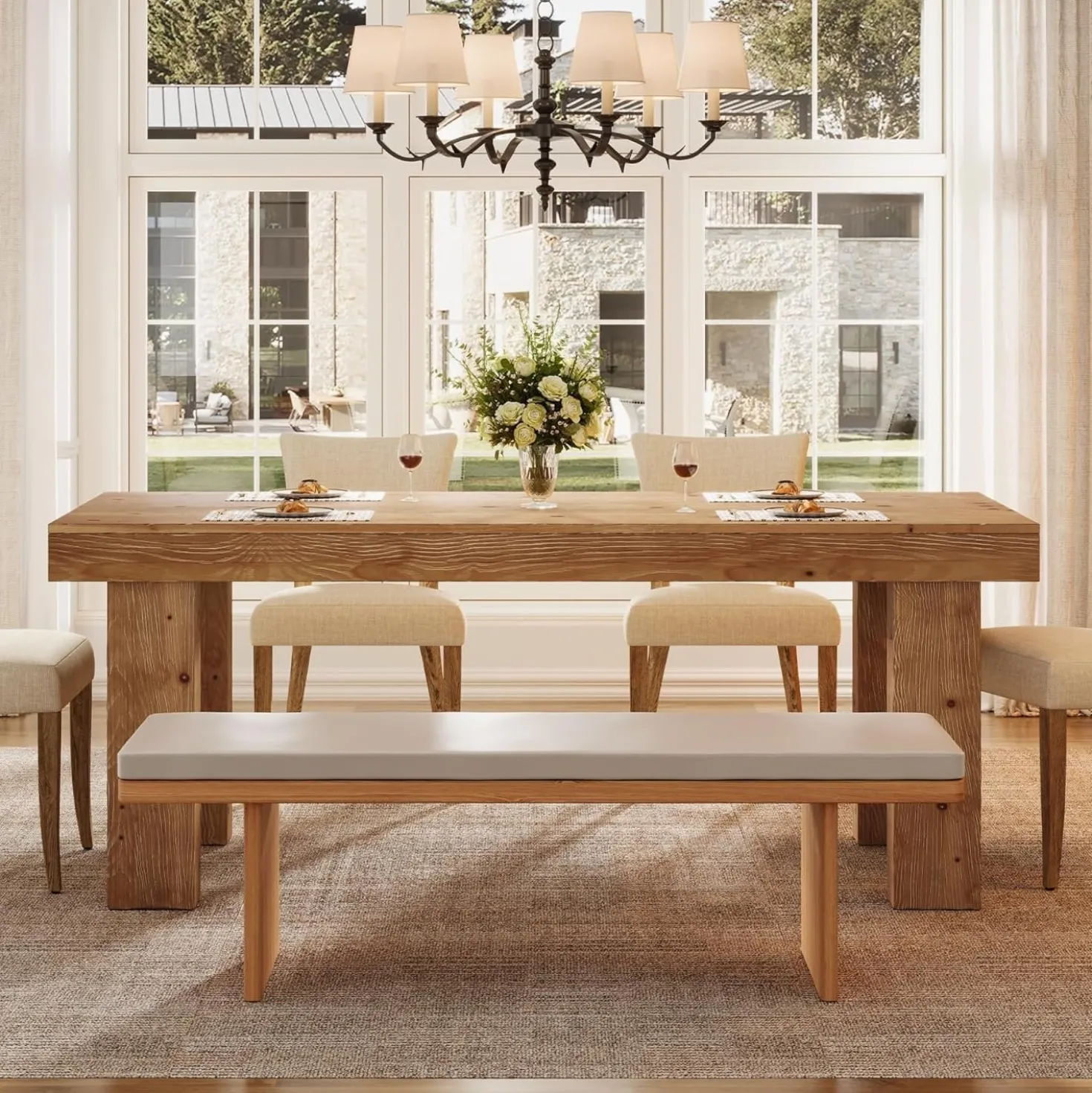 63" Solid Wood Dining Table, Farmhouse Kitchen Table with Heavy Duty Legs for 4-6