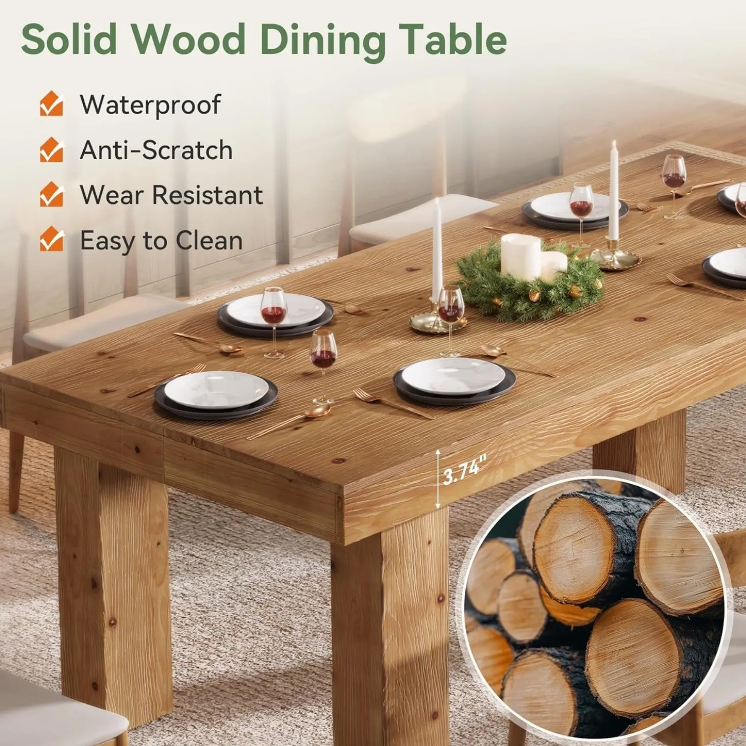63" Solid Wood Dining Table, Farmhouse Kitchen Table with Heavy Duty Legs for 4-6