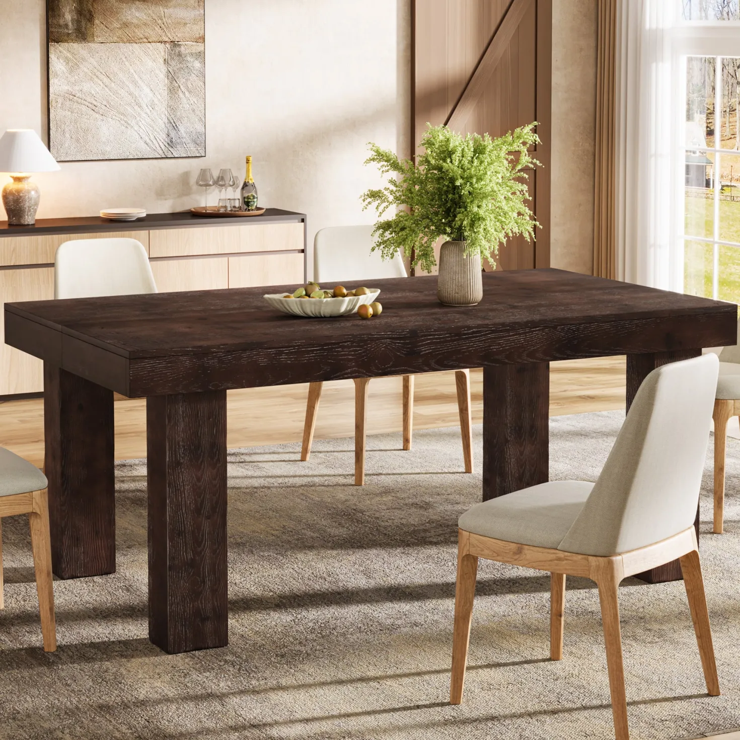 63" Solid Wood Dining Table, Farmhouse Kitchen Table with Heavy Duty Legs for 4-6