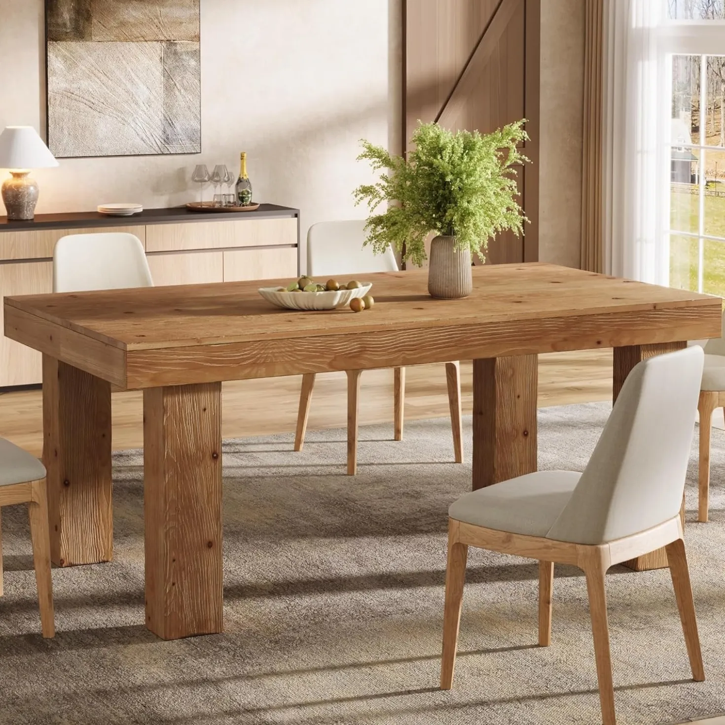 63" Solid Wood Dining Table, Farmhouse Kitchen Table with Heavy Duty Legs for 4-6