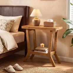 23.62" Solid Wood End Table, Small 2-tier Side Table with Storage for Living Room