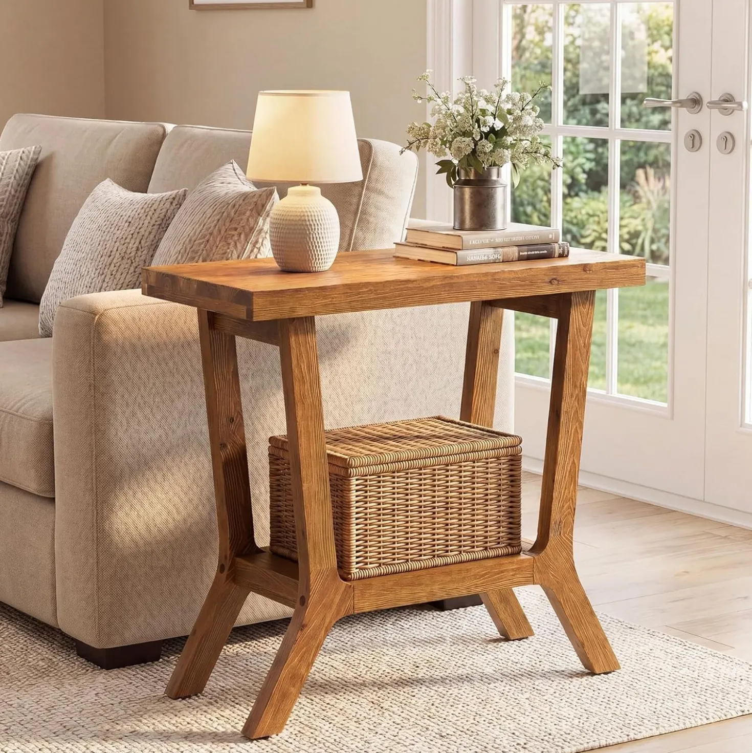 23.62" Solid Wood End Table, Small 2-tier Side Table with Storage for Living Room