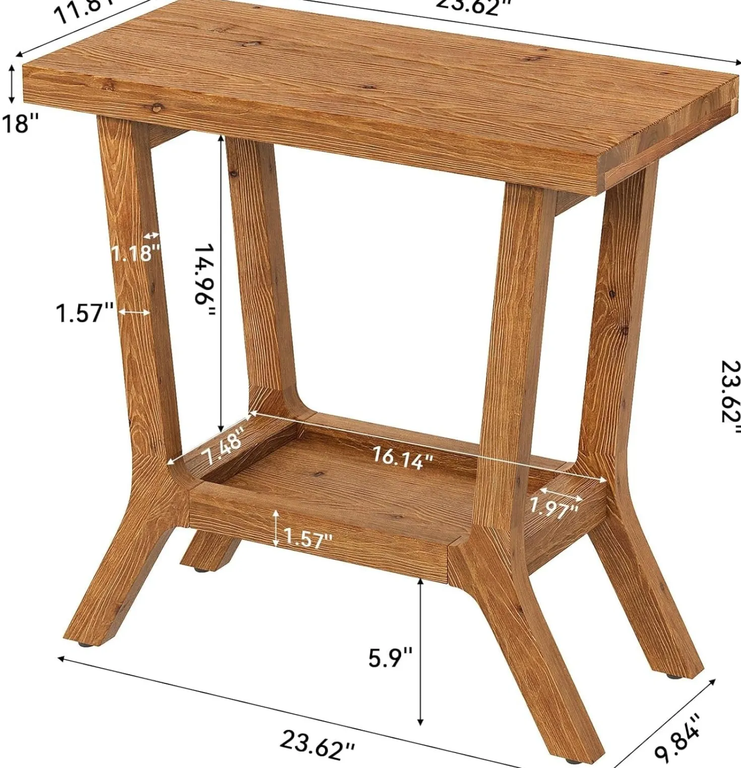 23.62" Solid Wood End Table, Small 2-tier Side Table with Storage for Living Room