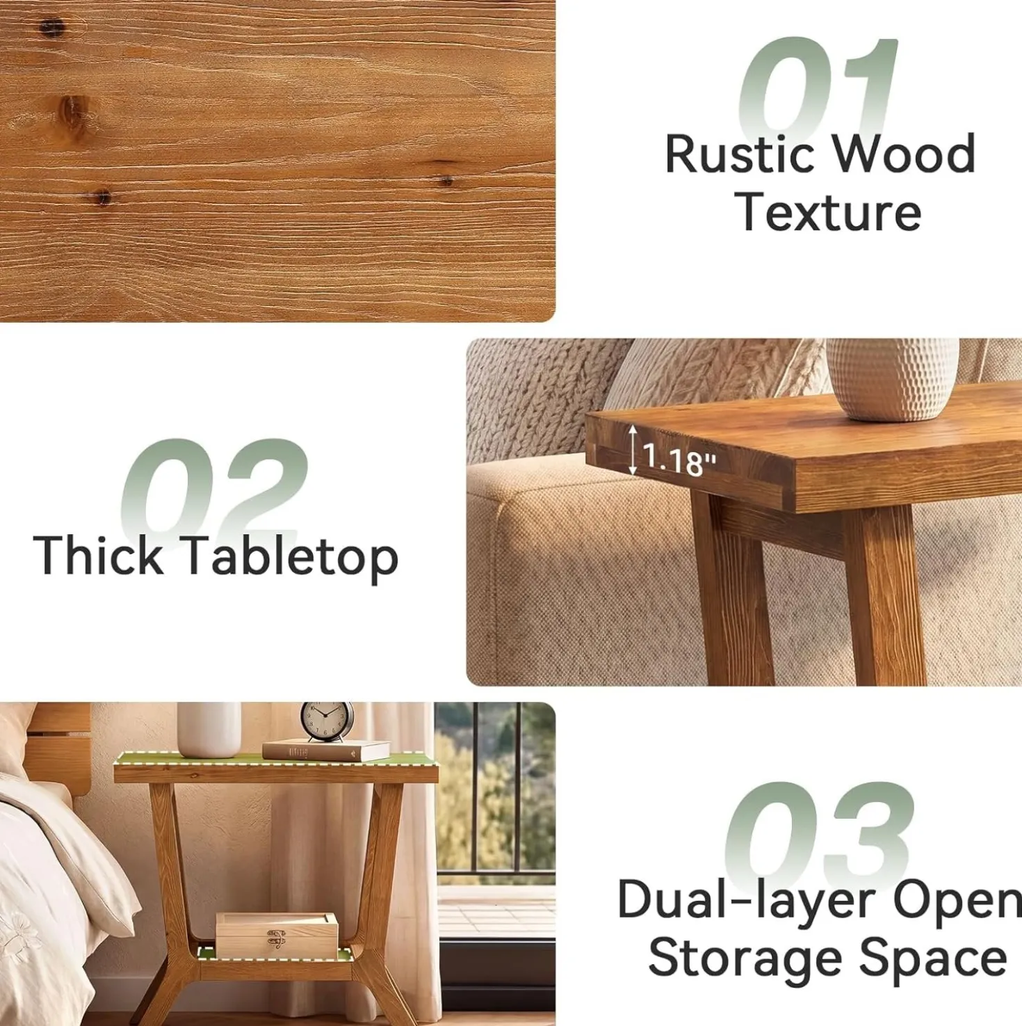 23.62" Solid Wood End Table, Small 2-tier Side Table with Storage for Living Room