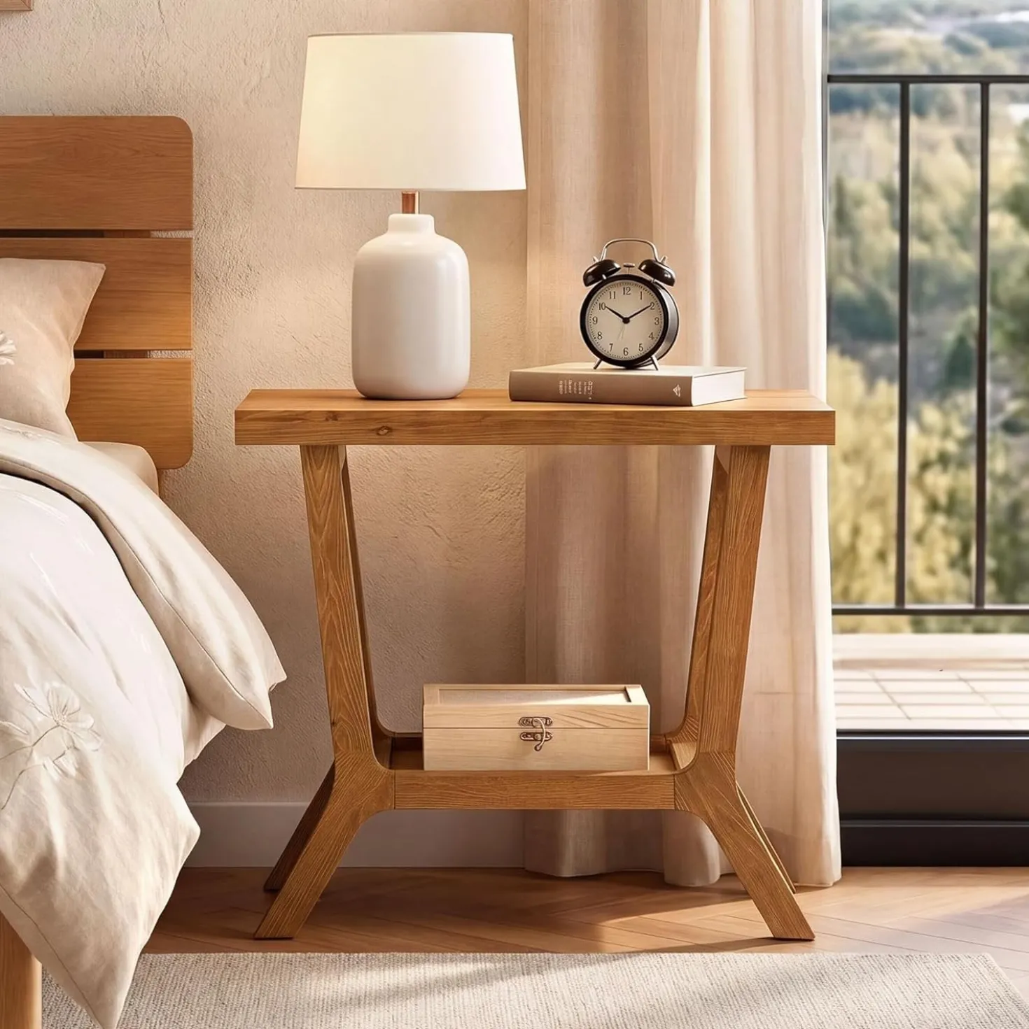 23.62" Solid Wood End Table, Small 2-tier Side Table with Storage for Living Room