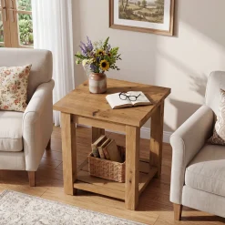 19.7" Solid Wood End Table, Square Side Table with Storage Shelves for Living Room