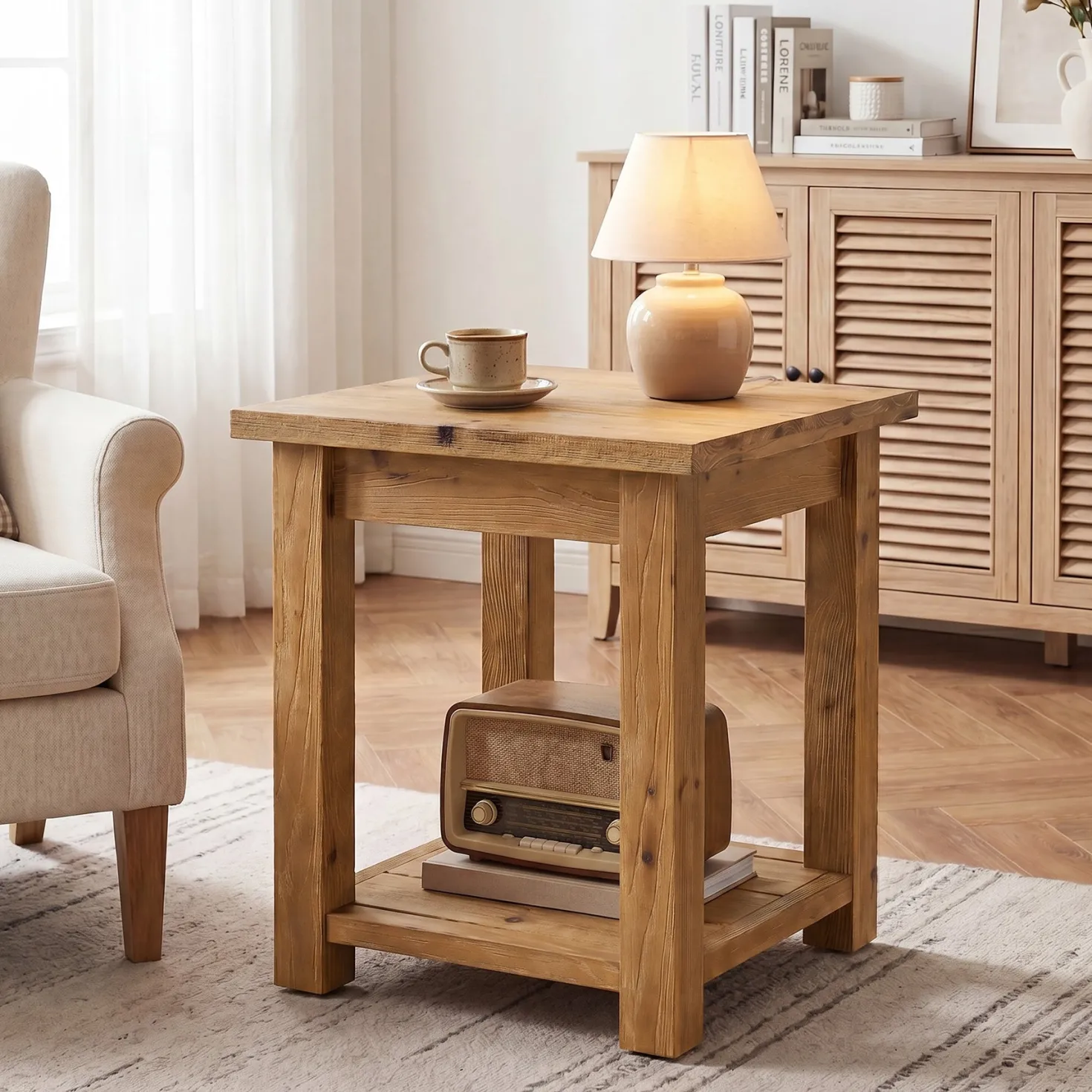 19.7" Solid Wood End Table, Square Side Table with Storage Shelves for Living Room