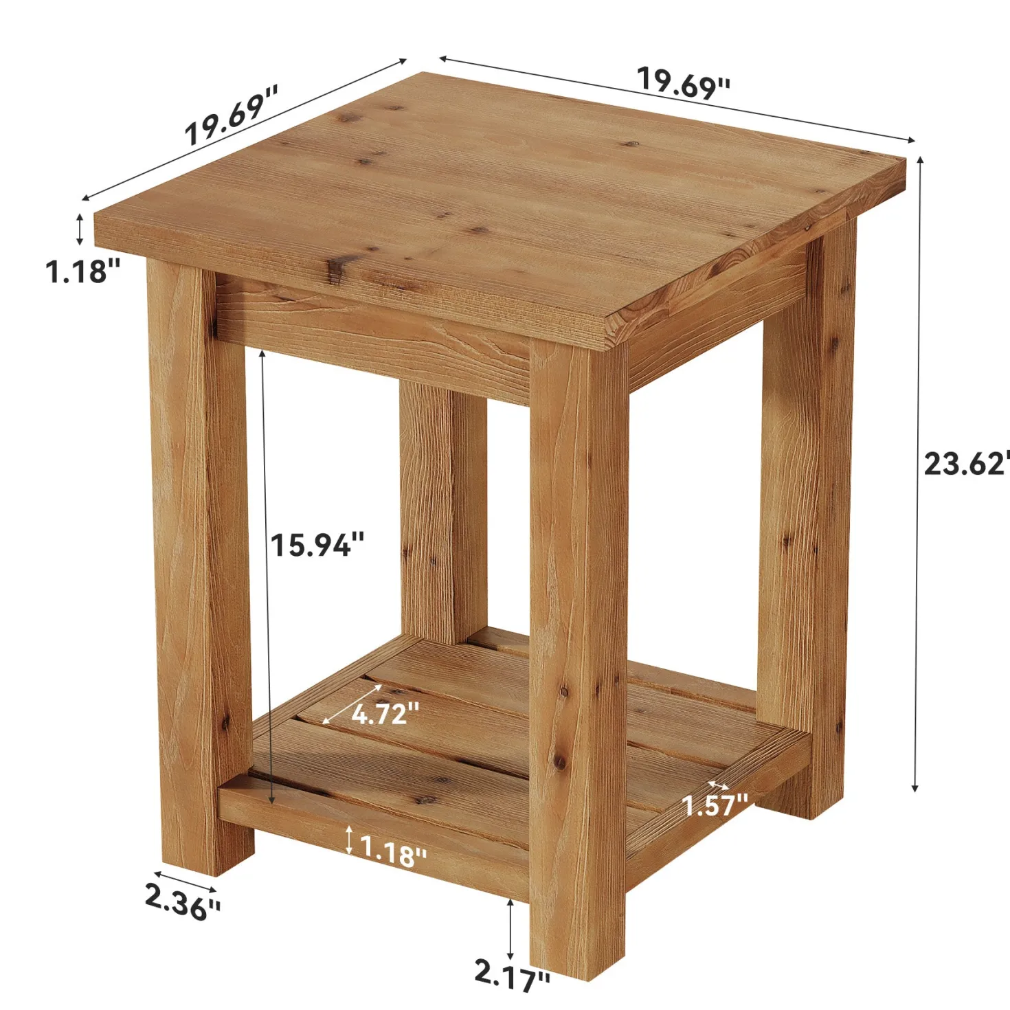 19.7" Solid Wood End Table, Square Side Table with Storage Shelves for Living Room