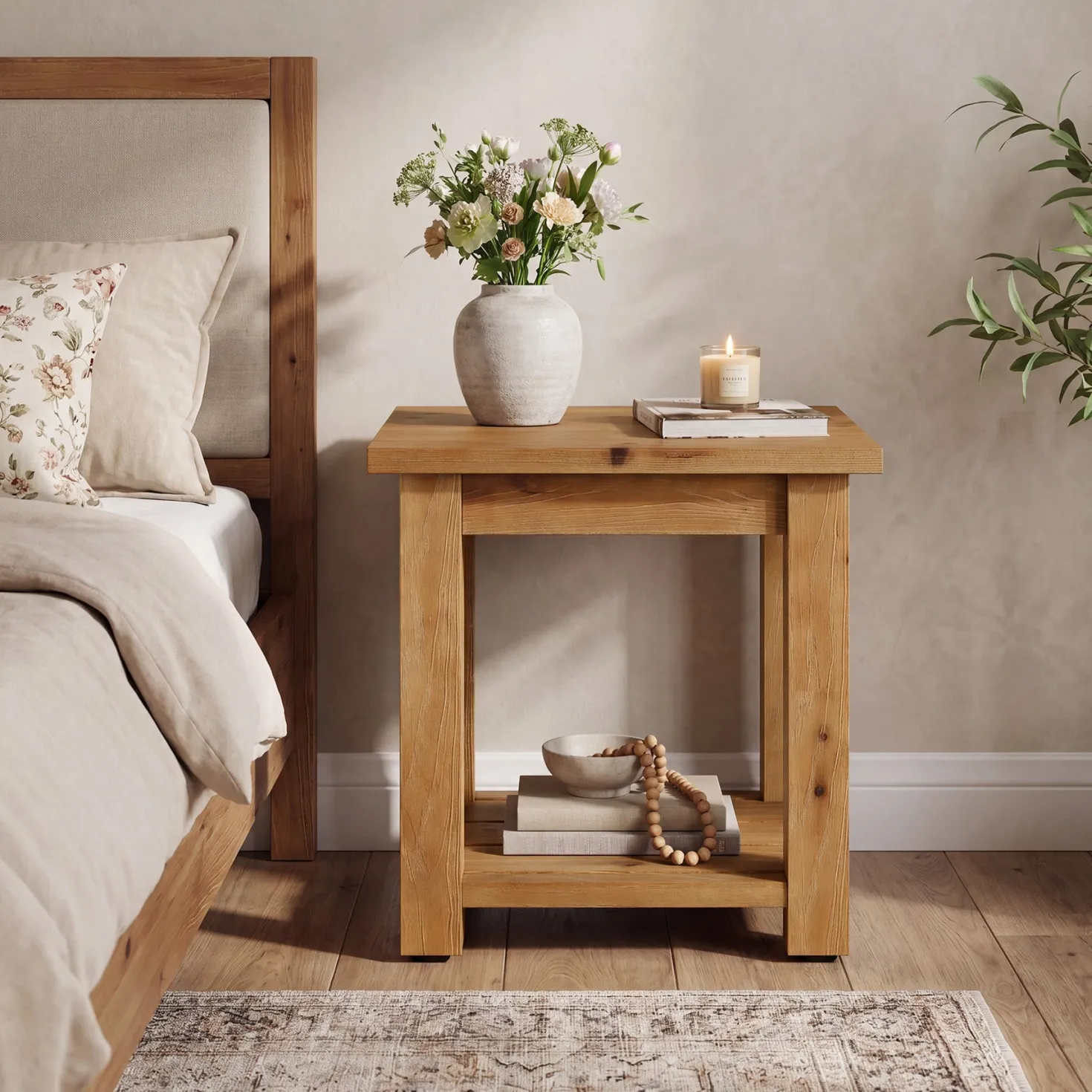 19.7" Solid Wood End Table, Square Side Table with Storage Shelves for Living Room