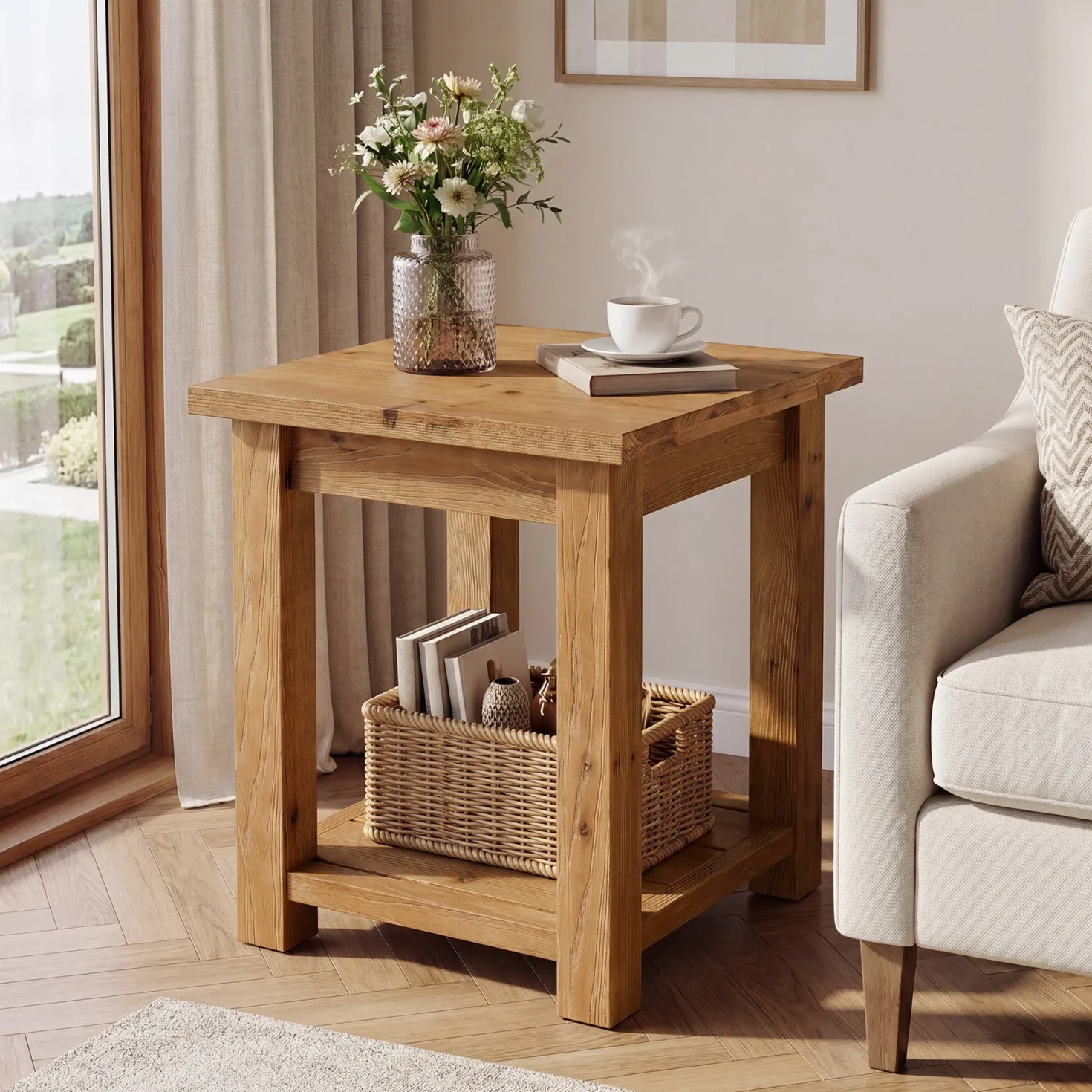19.7" Solid Wood End Table, Square Side Table with Storage Shelves for Living Room