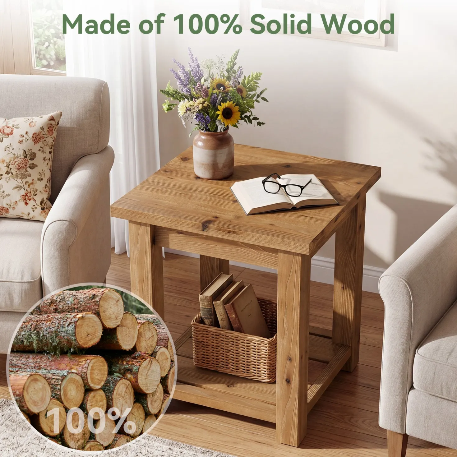 19.7" Solid Wood End Table, Square Side Table with Storage Shelves for Living Room