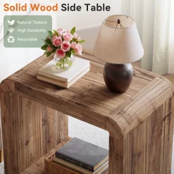 23.62" Solid Wood End Table, 2-Tier Narrow Side Table with Storage for Living Room