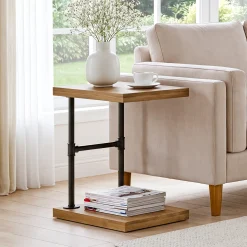 19.7" Solid Wood End Table, 2-Tier Storage Table