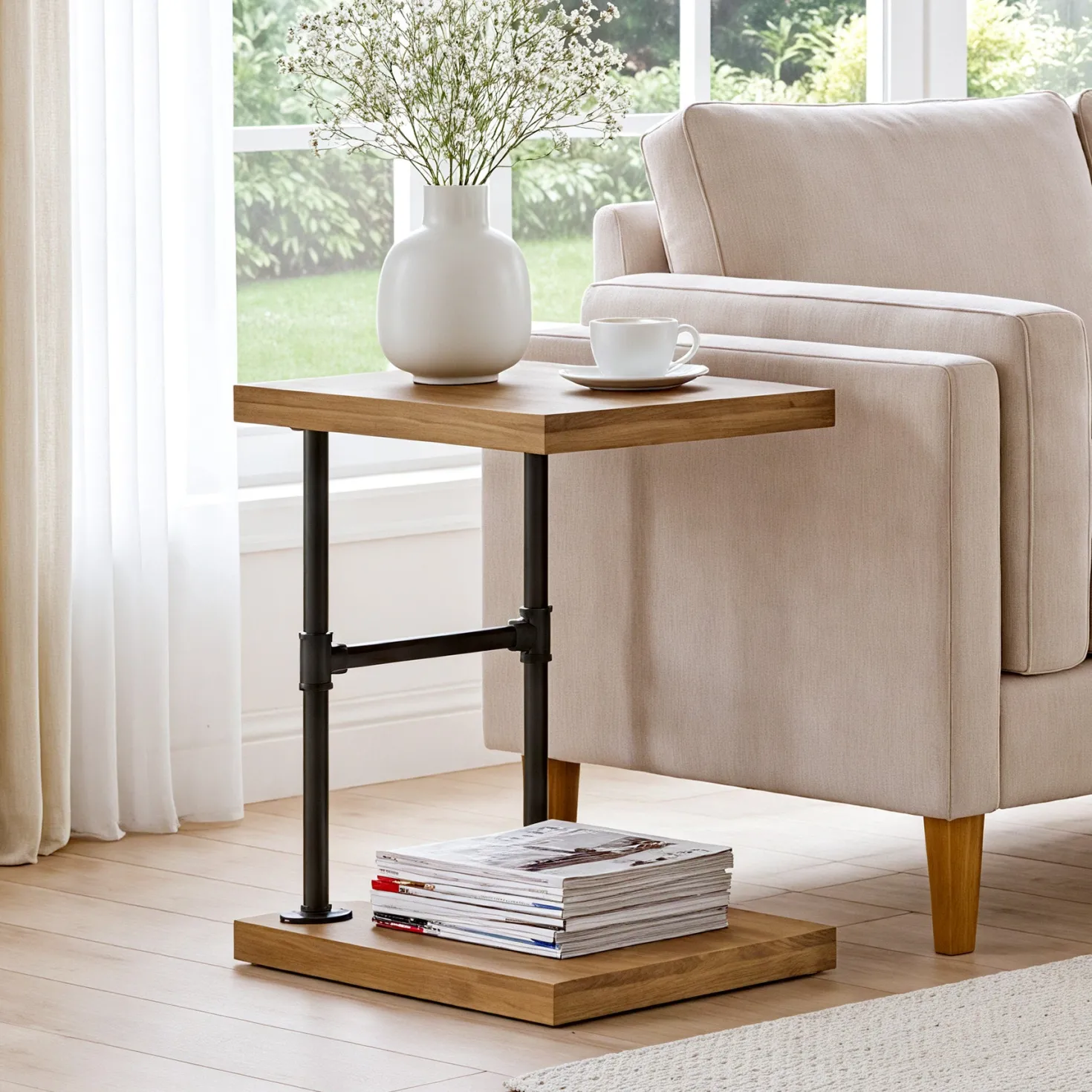 19.7" Solid Wood End Table, 2-Tier Storage Table