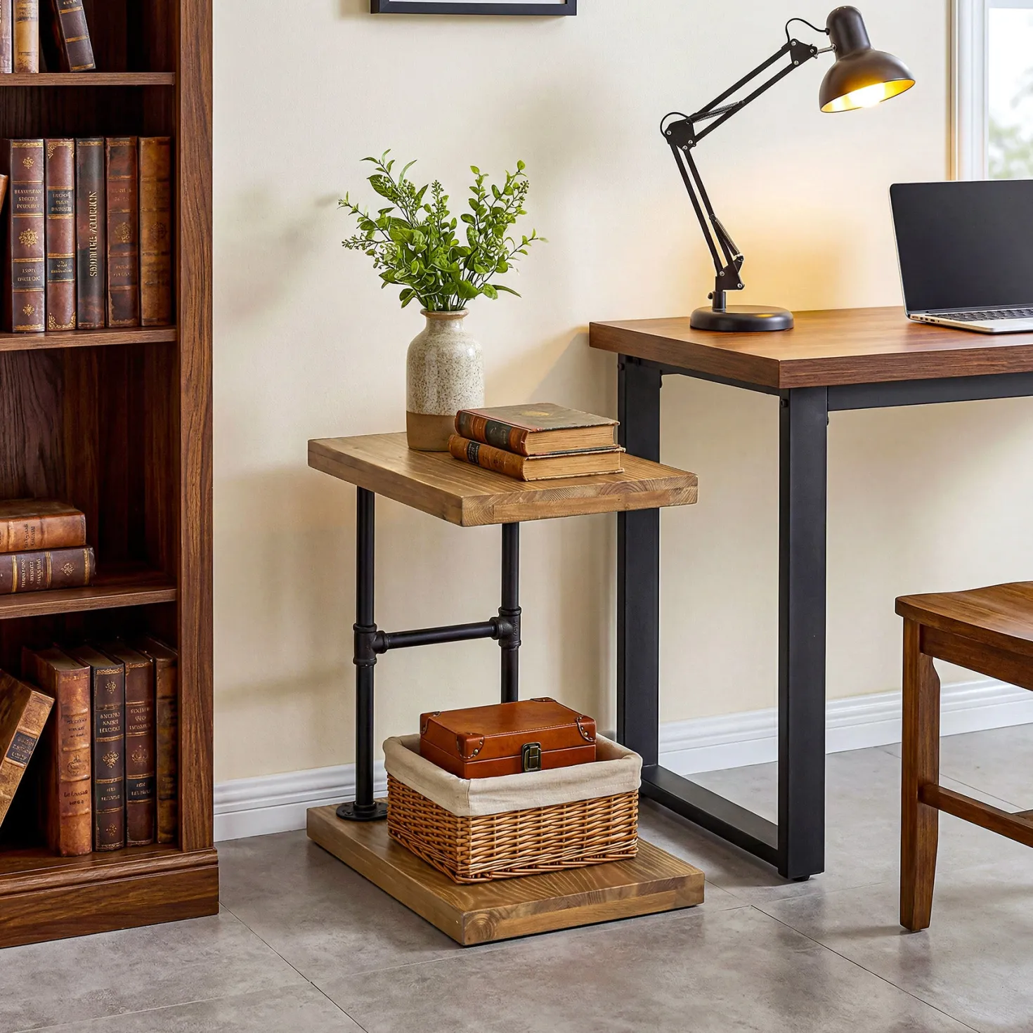 19.7" Solid Wood End Table, 2-Tier Storage Table