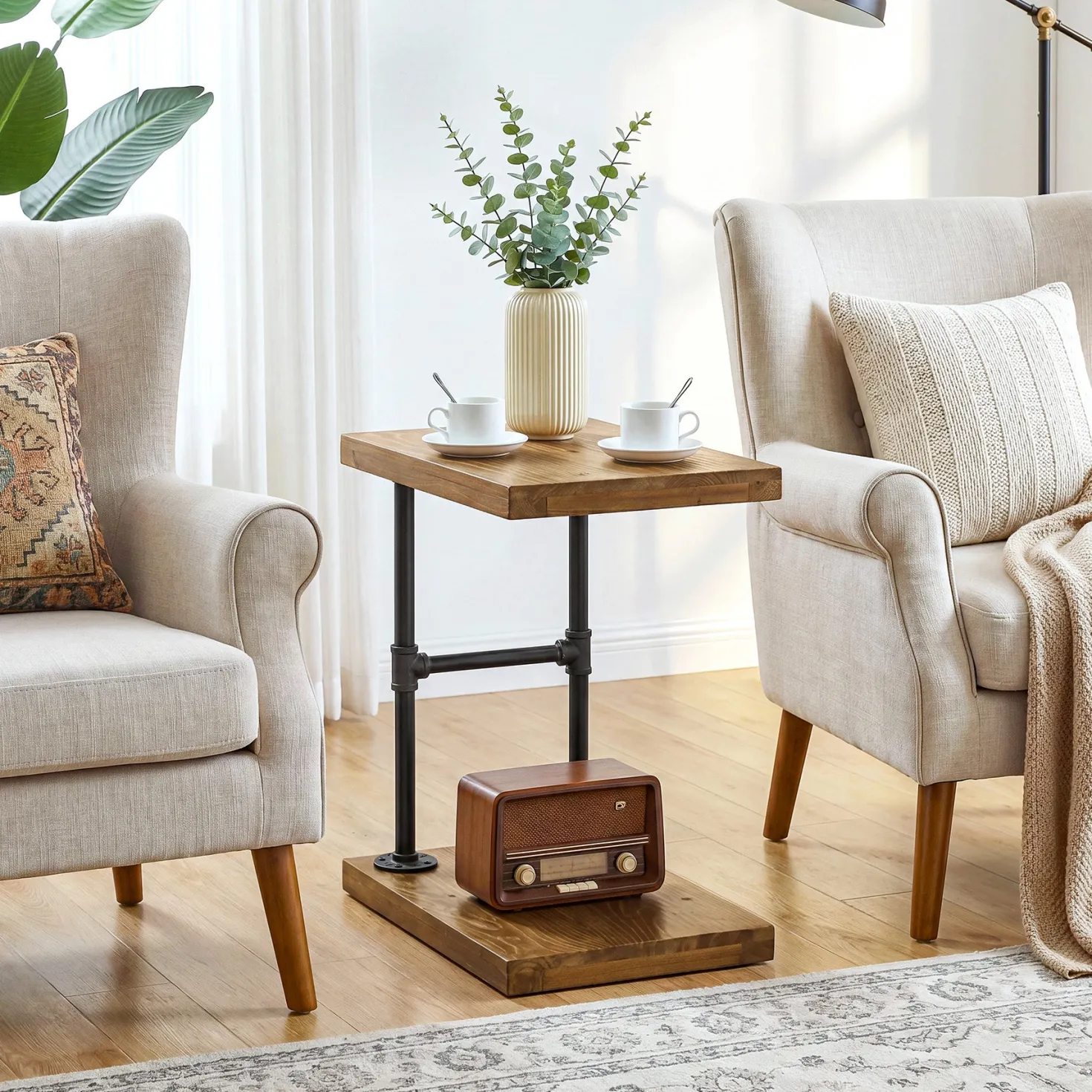 19.7" Solid Wood End Table, 2-Tier Storage Table