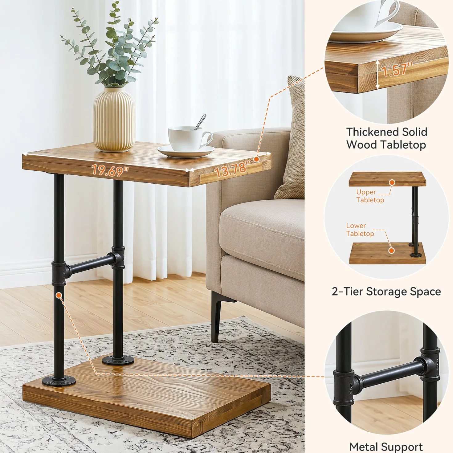 19.7" Solid Wood End Table, 2-Tier Storage Table