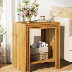 19.6" Solid Wood End Table, 2-Tier Farmhouse Side Table Nightstand with Storage Shelves