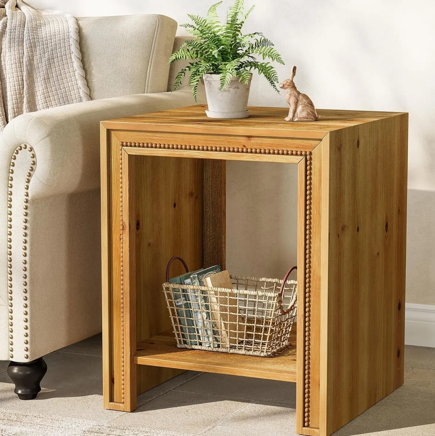 19.6" Solid Wood End Table, 2-Tier Farmhouse Side Table Nightstand with Storage Shelves