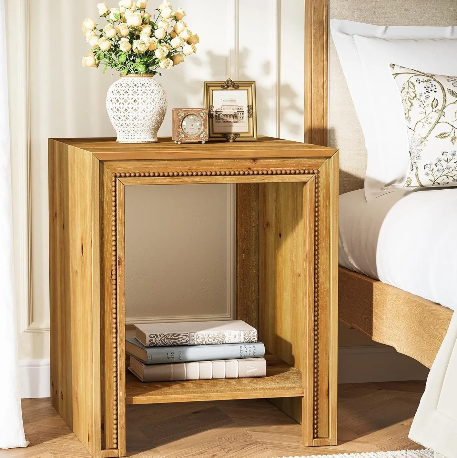 19.6" Solid Wood End Table, 2-Tier Farmhouse Side Table Nightstand with Storage Shelves