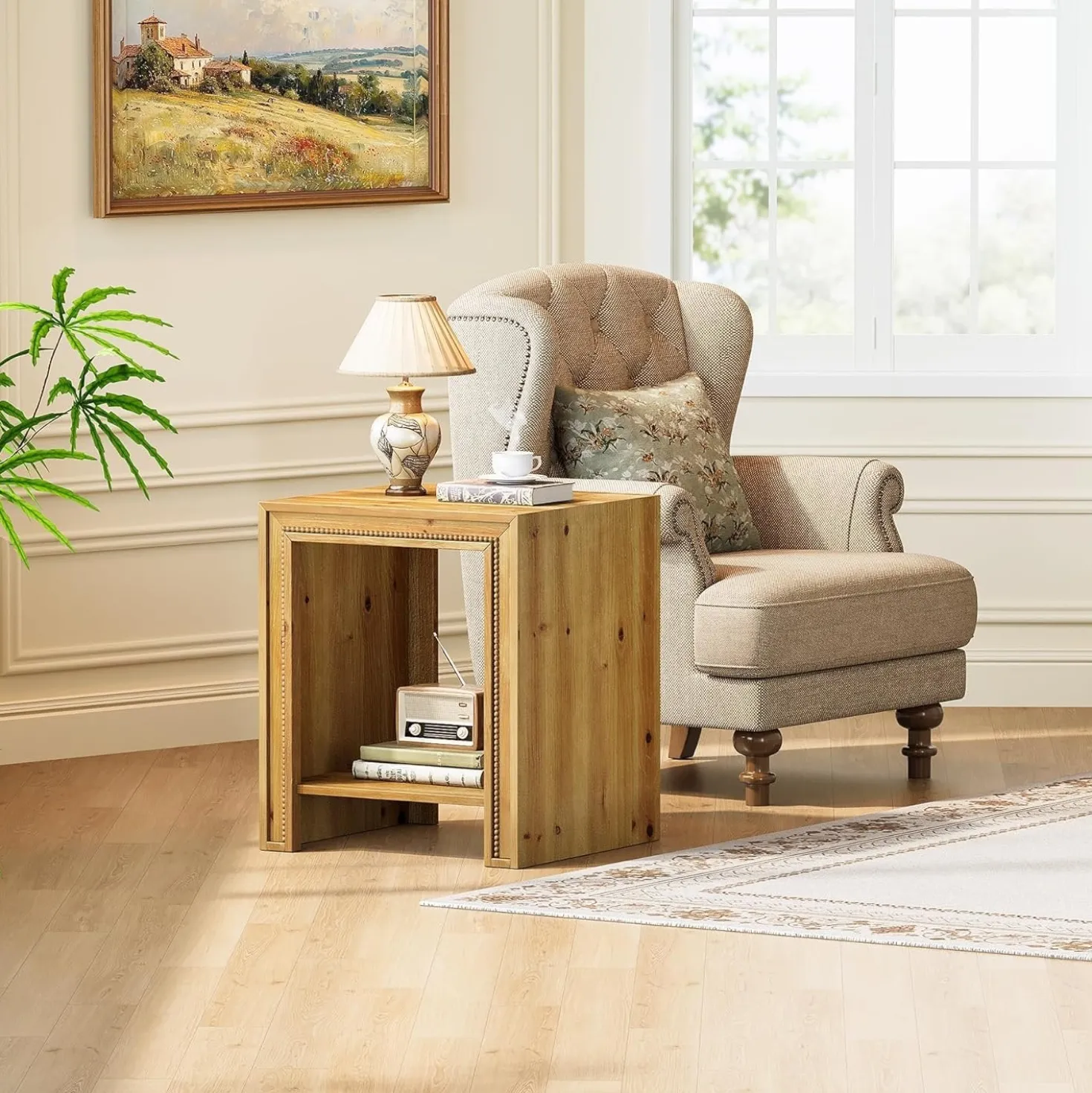 19.6" Solid Wood End Table, 2-Tier Farmhouse Side Table Nightstand with Storage Shelves