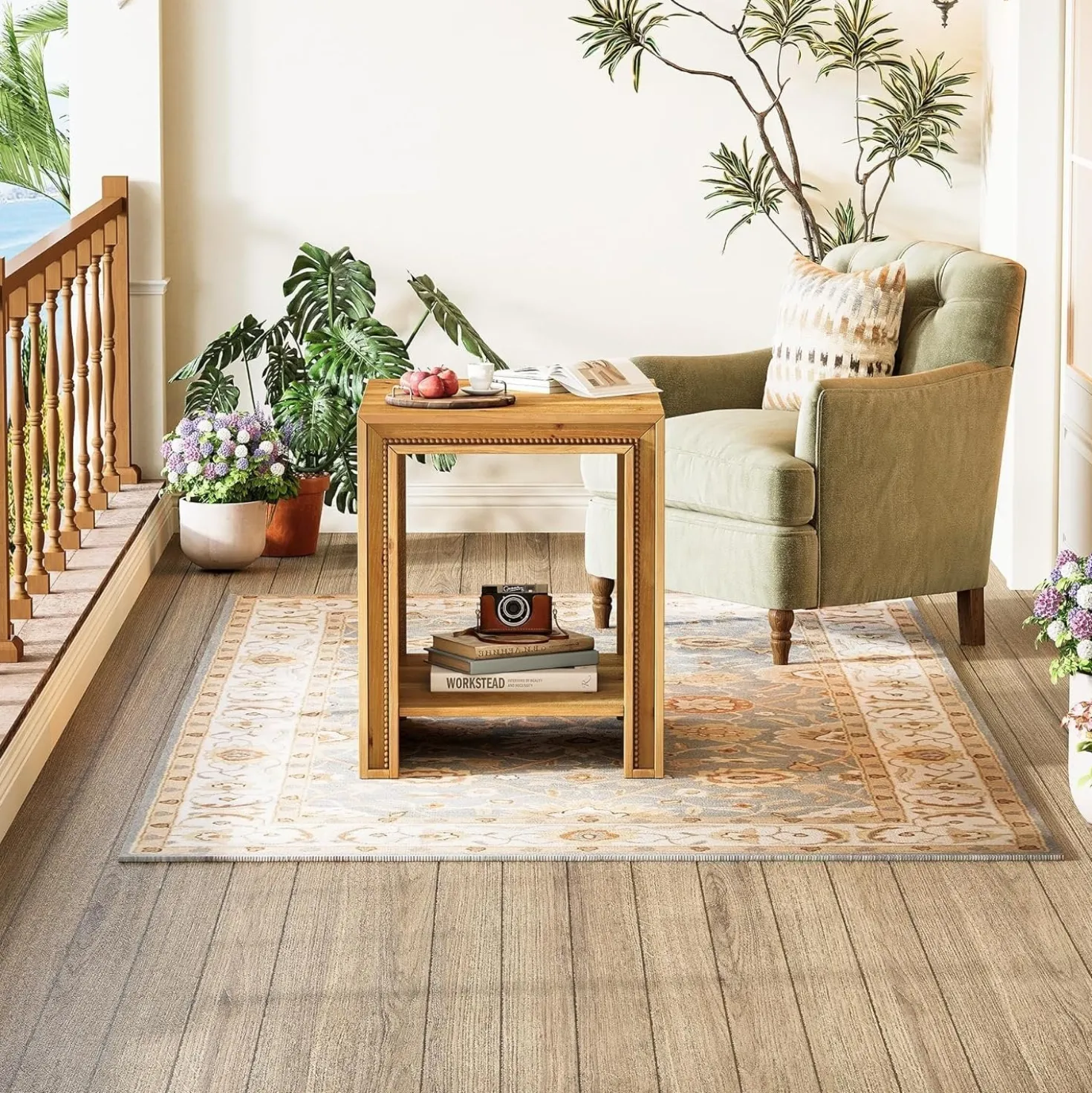 19.6" Solid Wood End Table, 2-Tier Farmhouse Side Table Nightstand with Storage Shelves