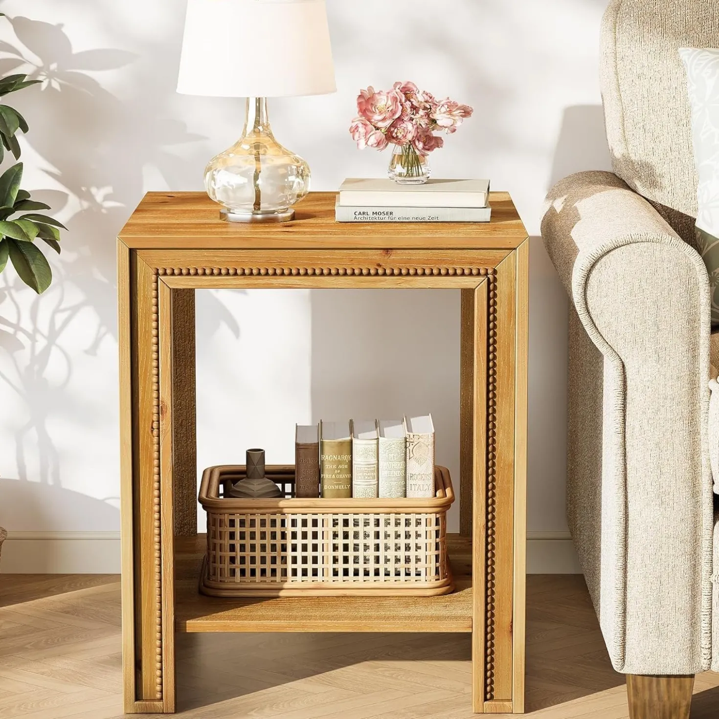 19.6" Solid Wood End Table, 2-Tier Farmhouse Side Table Nightstand with Storage Shelves