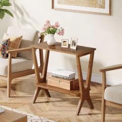 23.6" Solid Wood End Table, 2-Tier Storage Shelves Sofa Side Table