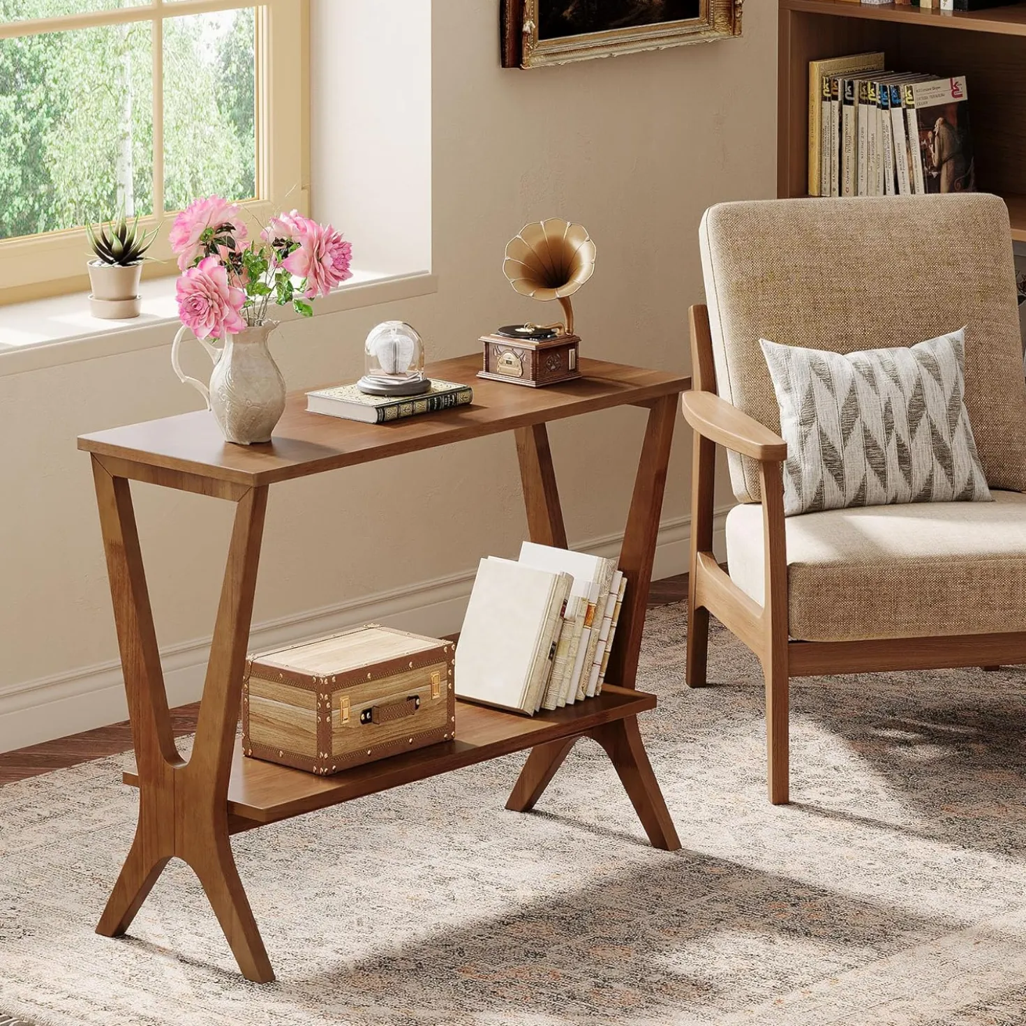 23.6" Solid Wood End Table, 2-Tier Storage Shelves Sofa Side Table