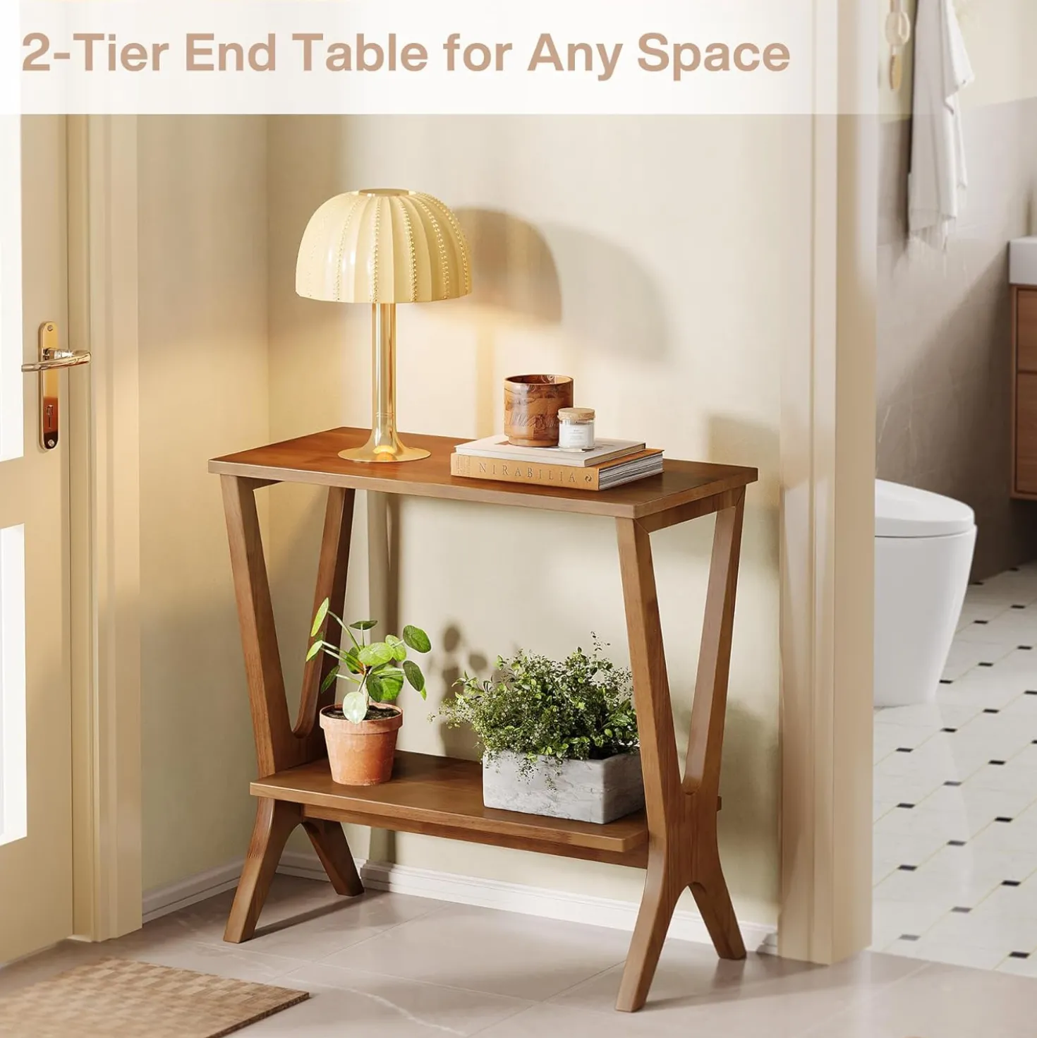 23.6" Solid Wood End Table, 2-Tier Storage Shelves Sofa Side Table