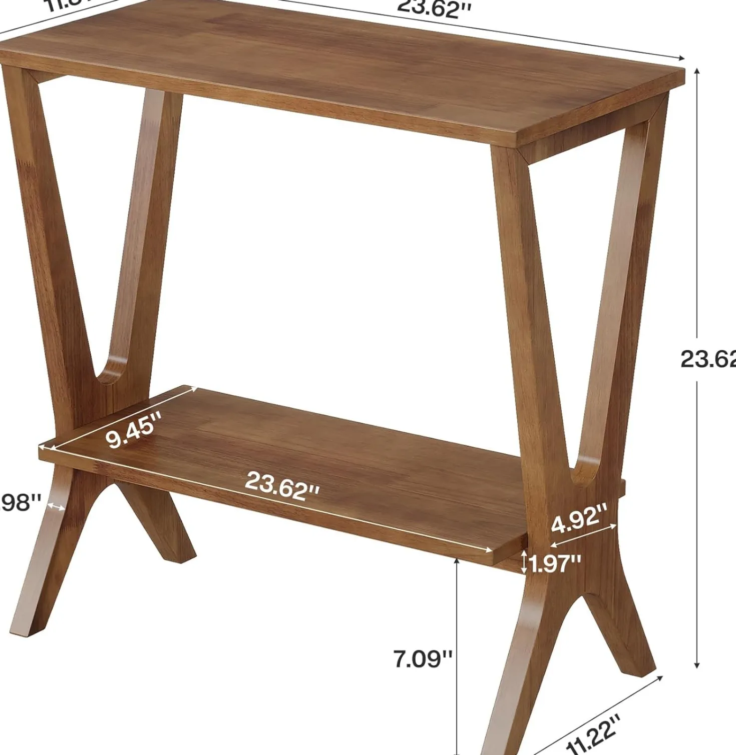 23.6" Solid Wood End Table, 2-Tier Storage Shelves Sofa Side Table