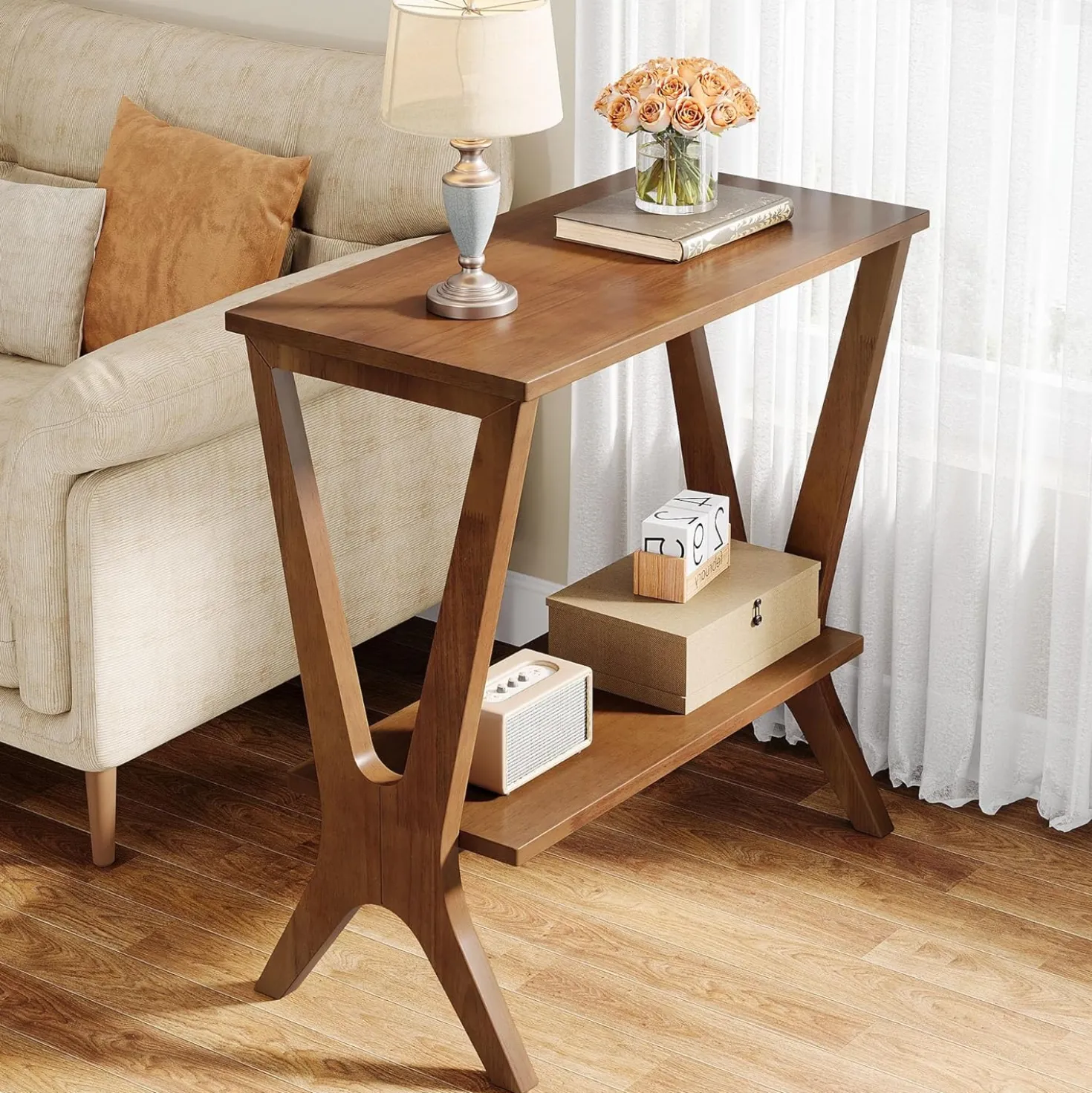 23.6" Solid Wood End Table, 2-Tier Storage Shelves Sofa Side Table