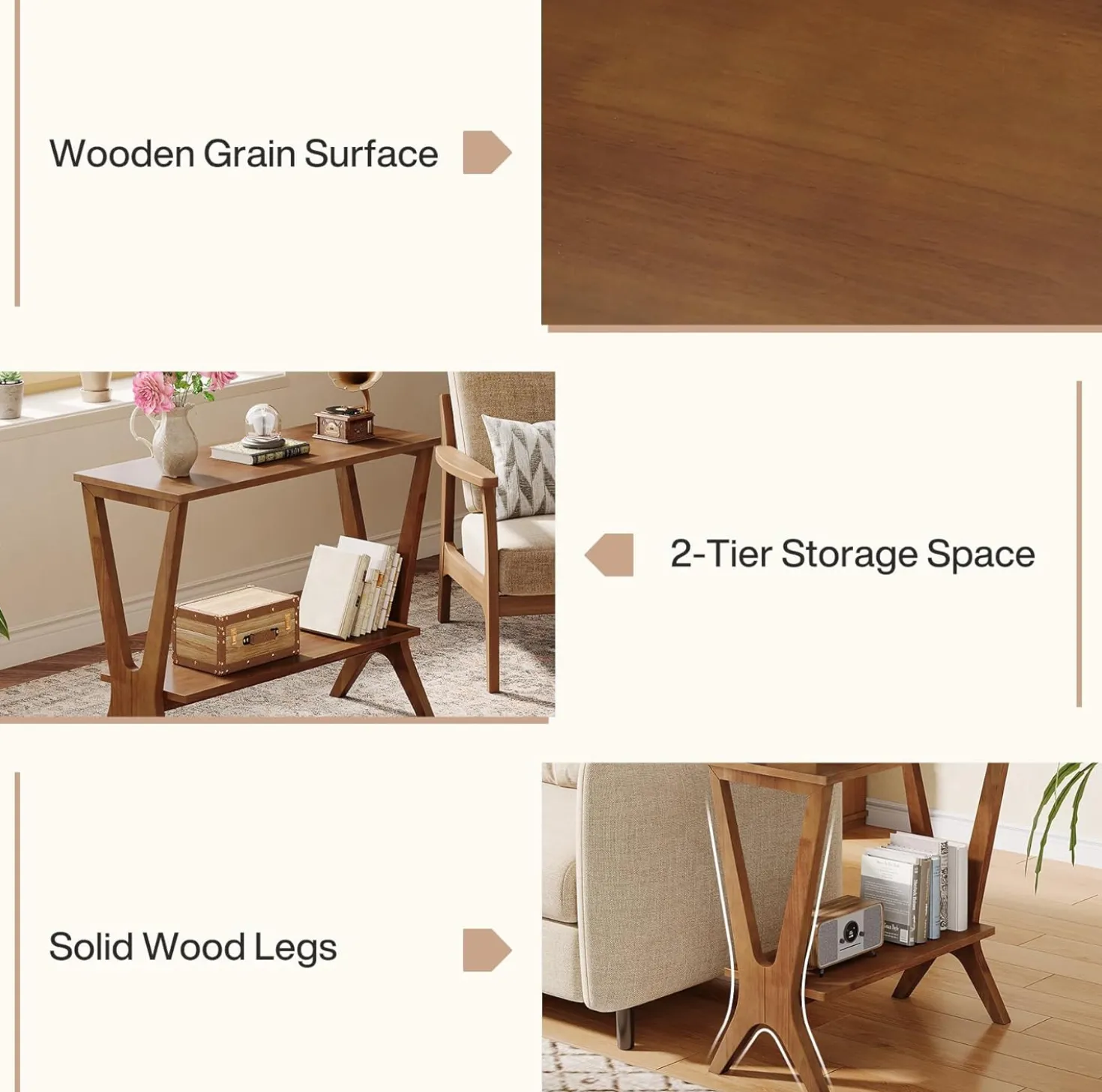 23.6" Solid Wood End Table, 2-Tier Storage Shelves Sofa Side Table