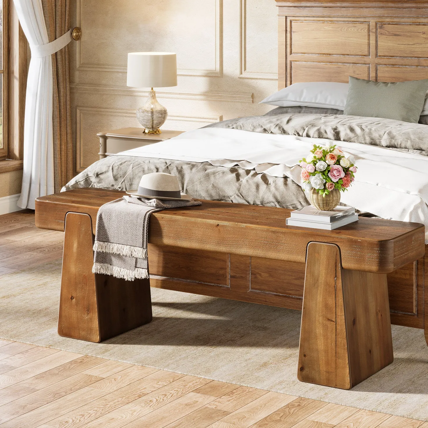 47" Solid Wood Entryway Bench, Farmhouse Shoe Bench with Thickened Legs