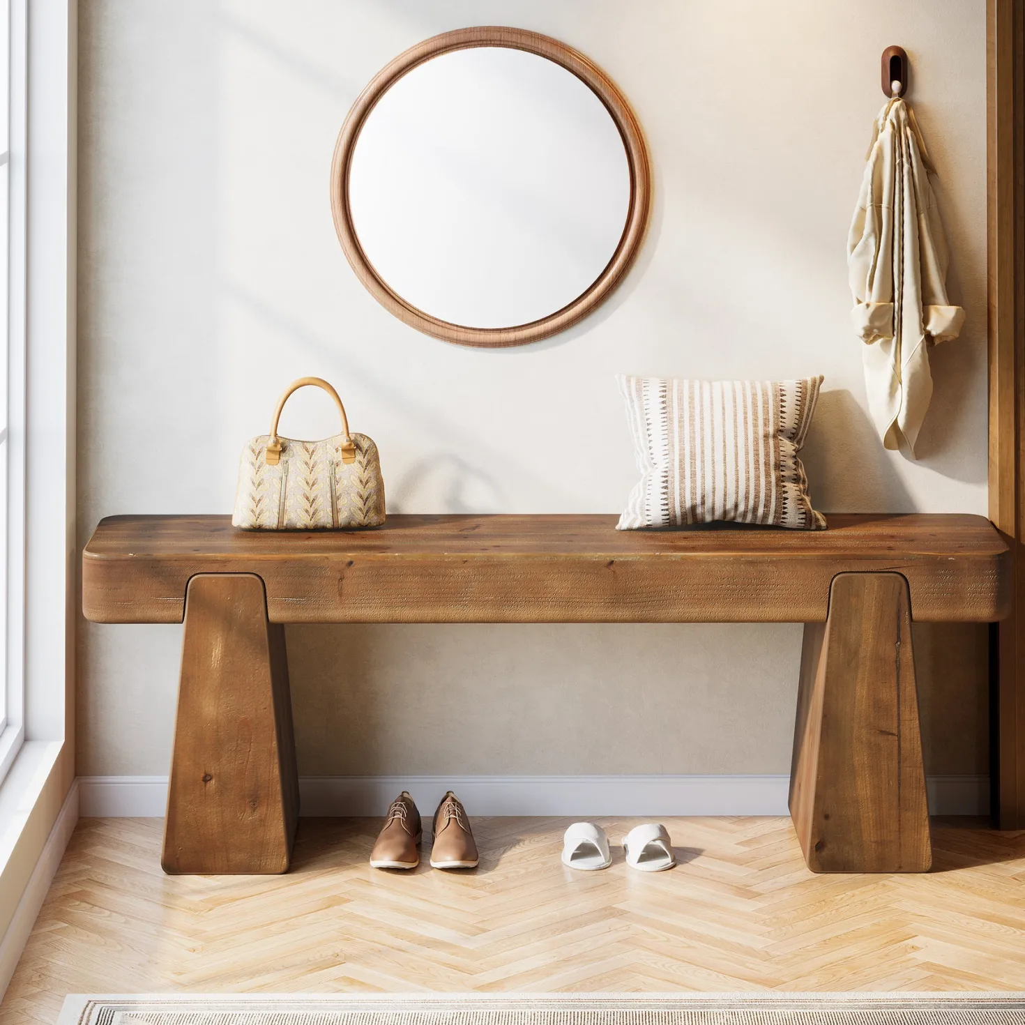 47" Solid Wood Entryway Bench, Farmhouse Shoe Bench with Thickened Legs