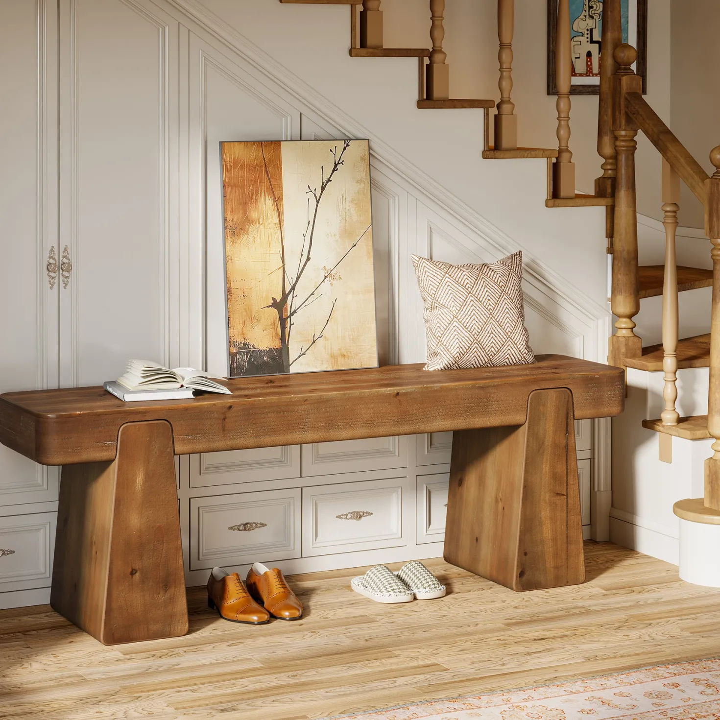 47" Solid Wood Entryway Bench, Farmhouse Shoe Bench with Thickened Legs