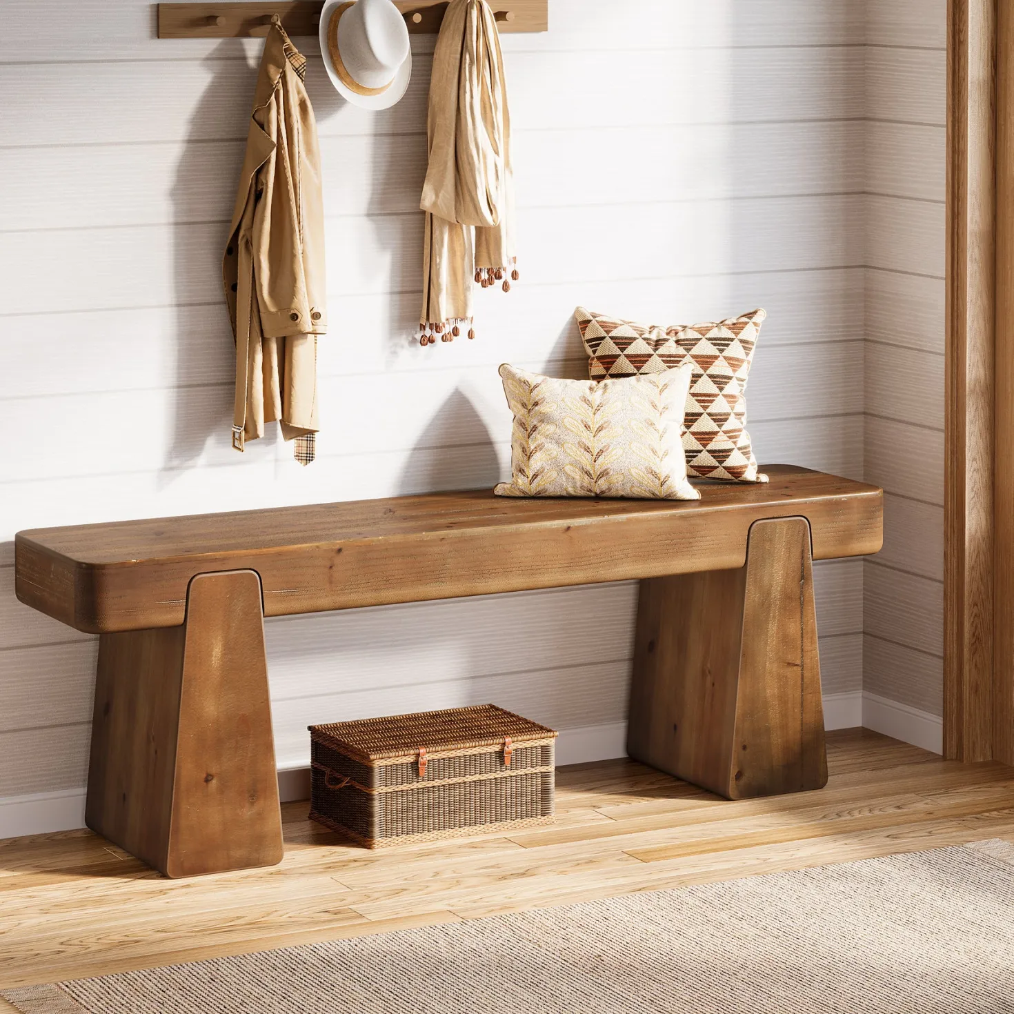 47" Solid Wood Entryway Bench, Farmhouse Shoe Bench with Thickened Legs