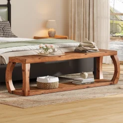 59" Solid Wood Entryway Bench,2-Tier Shoe Bench End of Bed Bench with Open Shelves