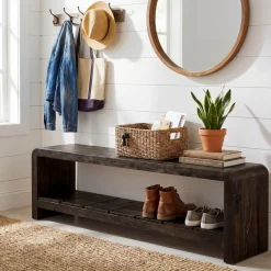 59" Solid Wood Entryway Bench, Farmhouse End of Bed Seating Shoe Bench with Storage
