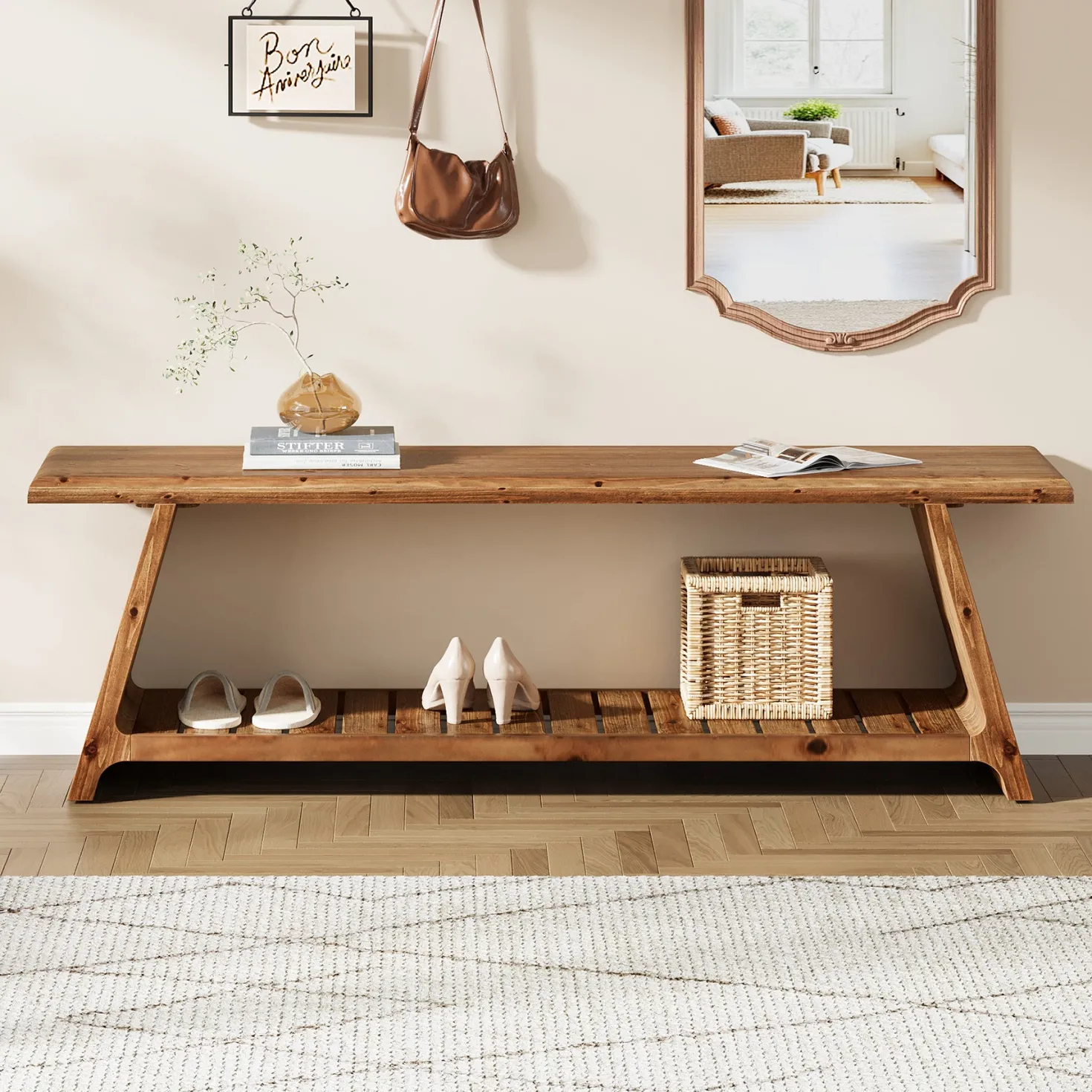 63" Solid Wood Entryway Bench, Narrow Shoe Bench Seat with Storage