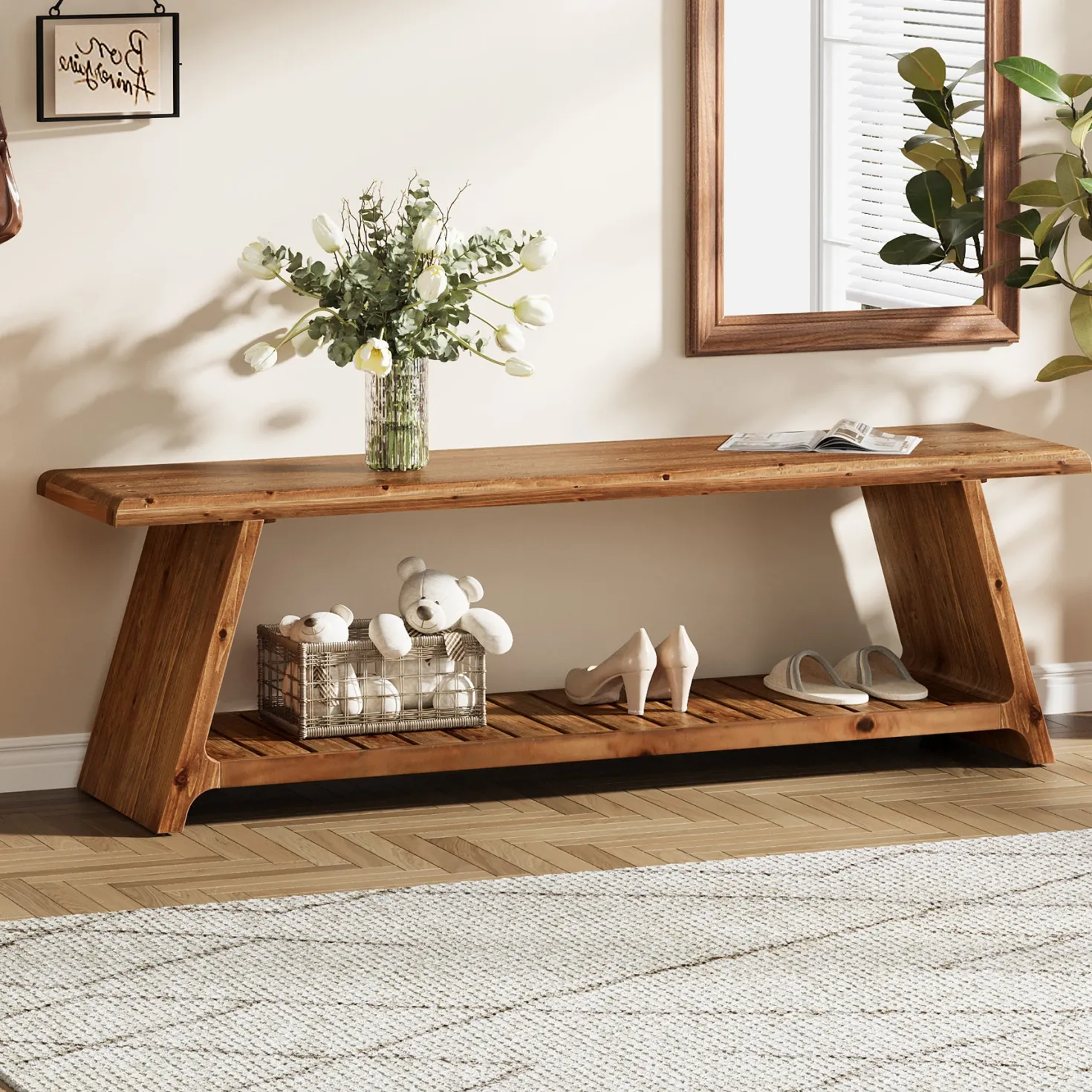 63" Solid Wood Entryway Bench, Narrow Shoe Bench Seat with Storage