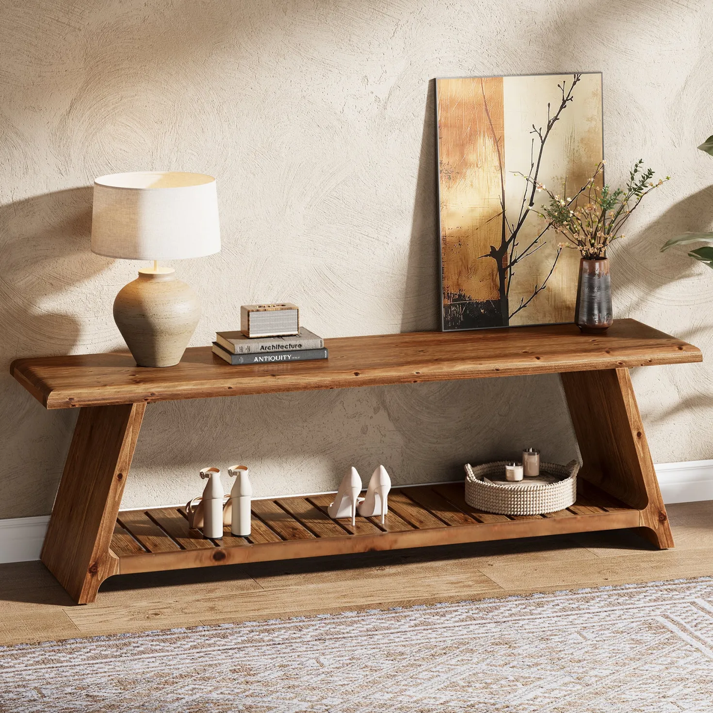 63" Solid Wood Entryway Bench, Narrow Shoe Bench Seat with Storage