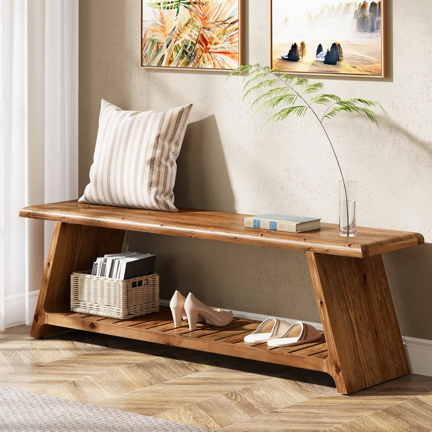 63" Solid Wood Entryway Bench, Narrow Shoe Bench Seat with Storage