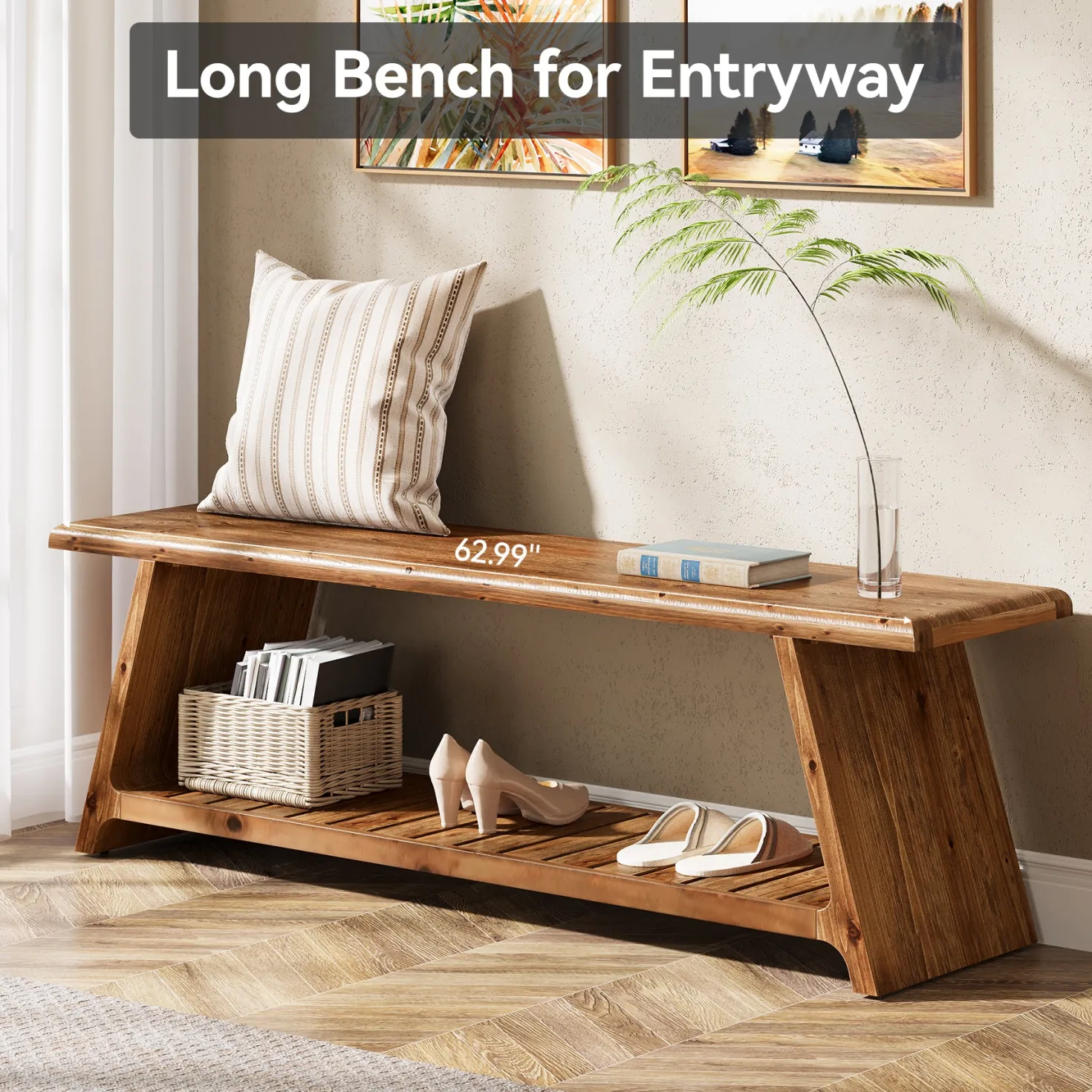 63" Solid Wood Entryway Bench, Narrow Shoe Bench Seat with Storage