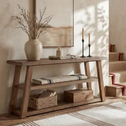 63" Solid Wood Entryway Bench with Storage, 3-Tier Shoe Bench with Open Shelves