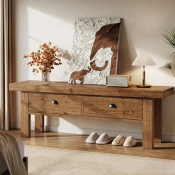 55" Solid Wood Entryway Bench, Farmhouse Long Bench End of Bed Stool with 2 Drawers
