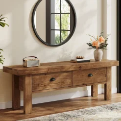 55" Solid Wood Entryway Bench, Farmhouse Long Bench End of Bed Stool with 2 Drawers