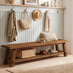 71" Solid Wood Entryway Bench, Rustic Extra Long Hallway Seating with Shoe Storage for Living Room and Bedroom